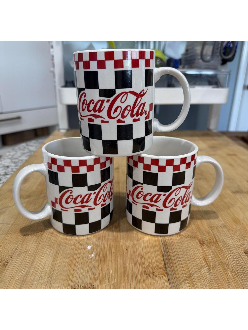 Vintage 1996 Gibson Coca Cola Set Checkered Coffee Mug Cup 12oz Set Of 3 *